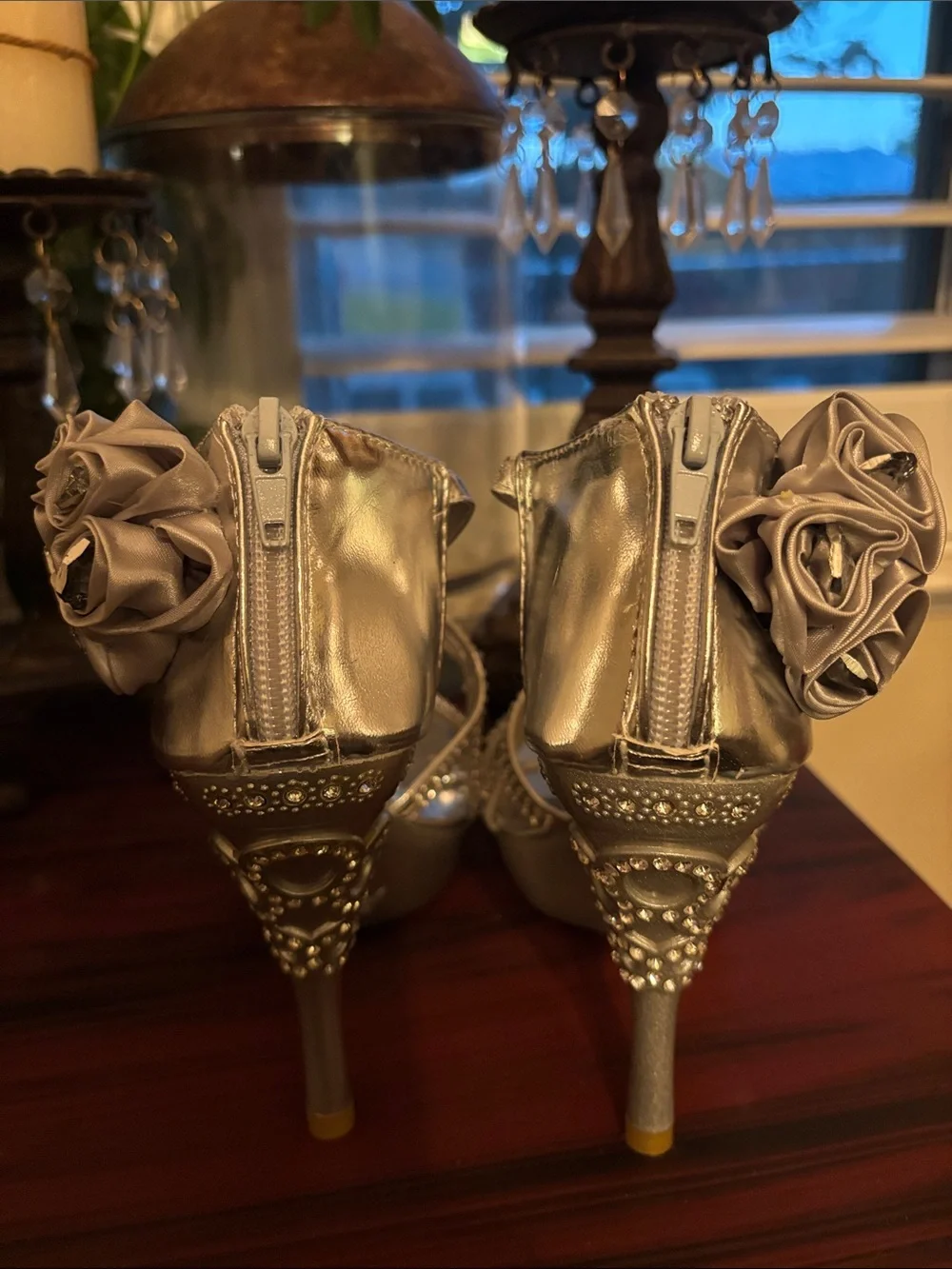 Glamour Silver Crystal-Strap Floral Accent High Heel Sandals